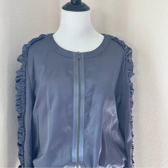 William Rast Dark Blue Bomber Jacket Sleeve Ruffles Satin Sporty Stripe Hem - Picture 2 of 10